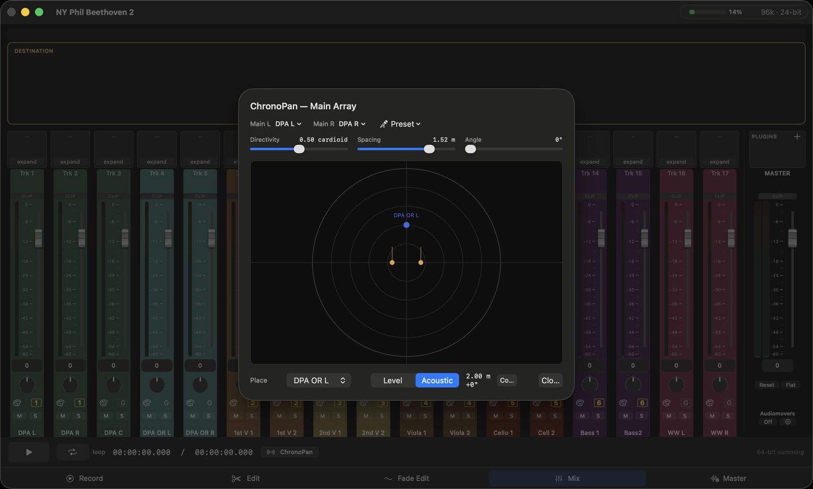 The ChronoPan Main Array panel: directivity, spacing and angle controls over a polar plot of the microphone array