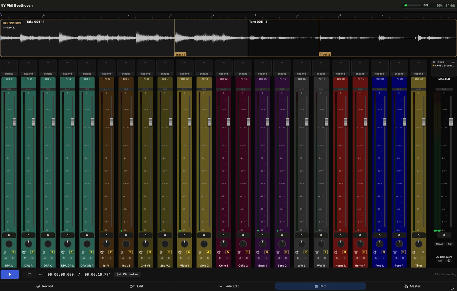 The Concertus Mix page: the destination timeline over a full mixer, channel meters moving as the session plays