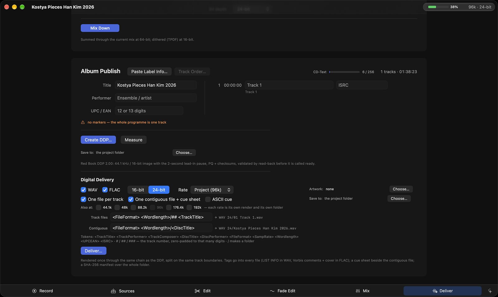 The Concertus Deliver page: Album Publish with its CD-Text budget meter, Create DDP and Measure, and Digital Delivery with WAV and FLAC, bit depth, extra sample rates, and the file-name tokens