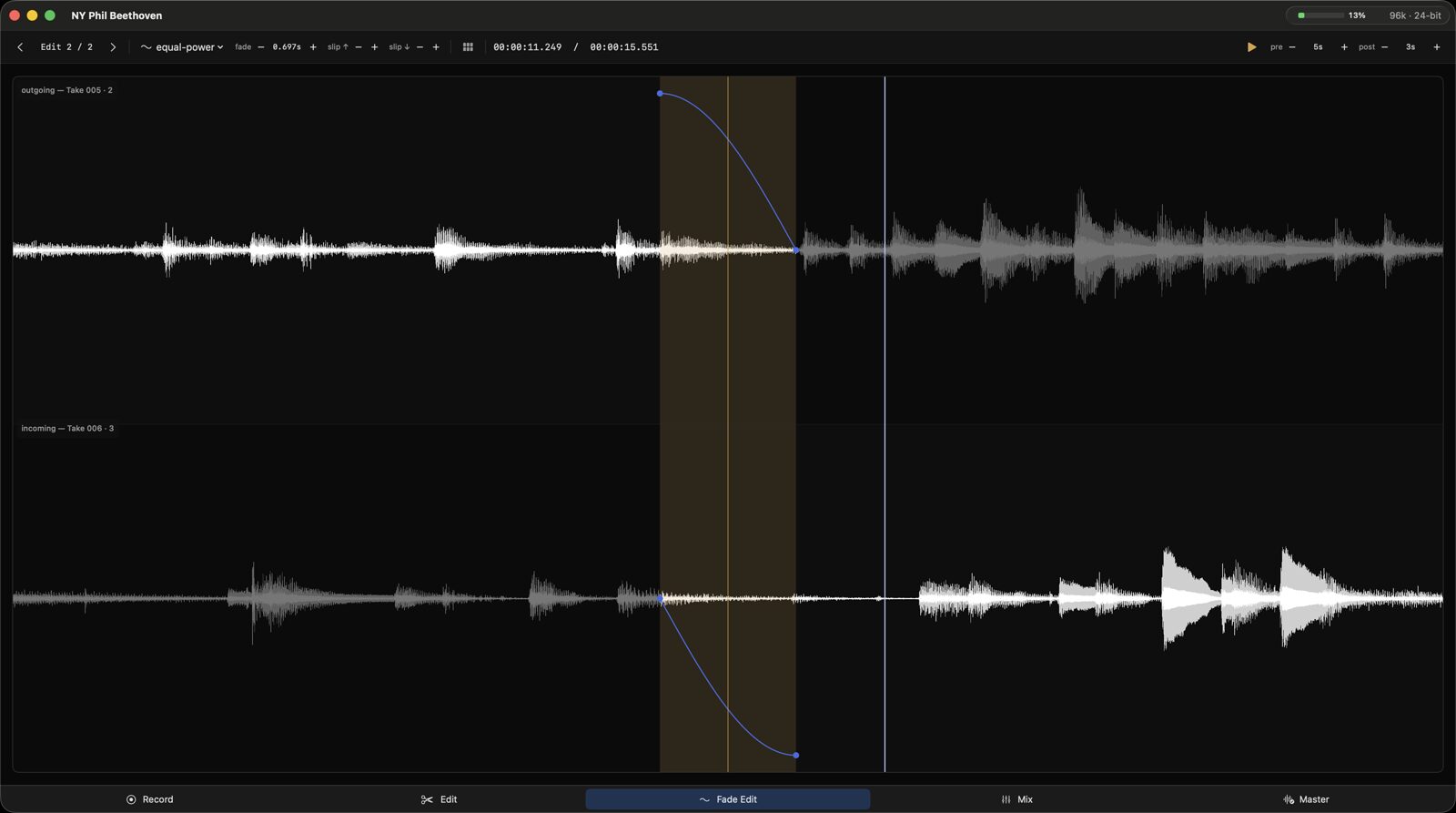 The Concertus fade editor: outgoing and incoming takes with an equal-power crossfade curve
