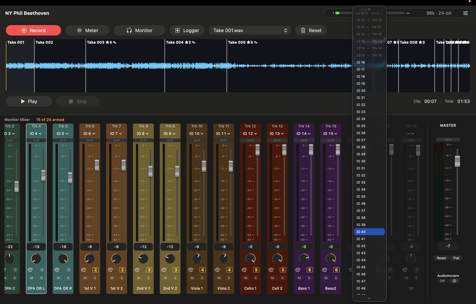 Patching an interface input to a channel strip, with the full IO list open