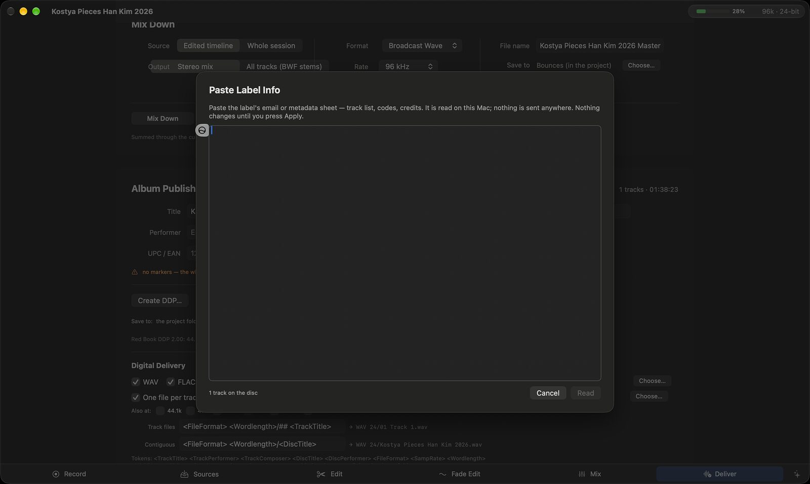 The Paste Label Info sheet open over the Deliver page, stating that the label's email is read on this Mac, that nothing is sent anywhere, and that nothing changes until Apply is pressed