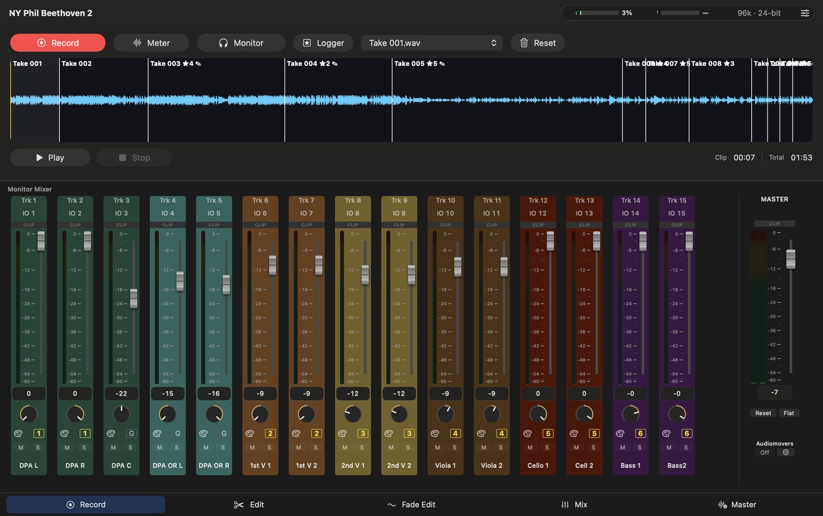 Continuo's monitor mixer: per-channel faders, pan, mute, and solo across a full session