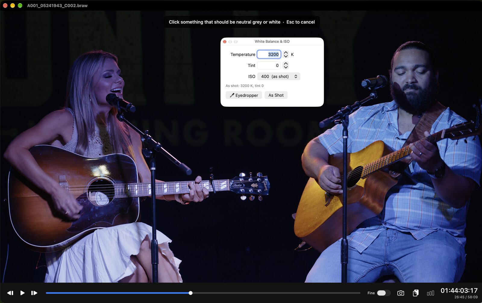The White Balance and ISO panel over a Blackmagic RAW frame: temperature 3200 K, tint 0, ISO 400 as shot, with Eyedropper and As Shot buttons