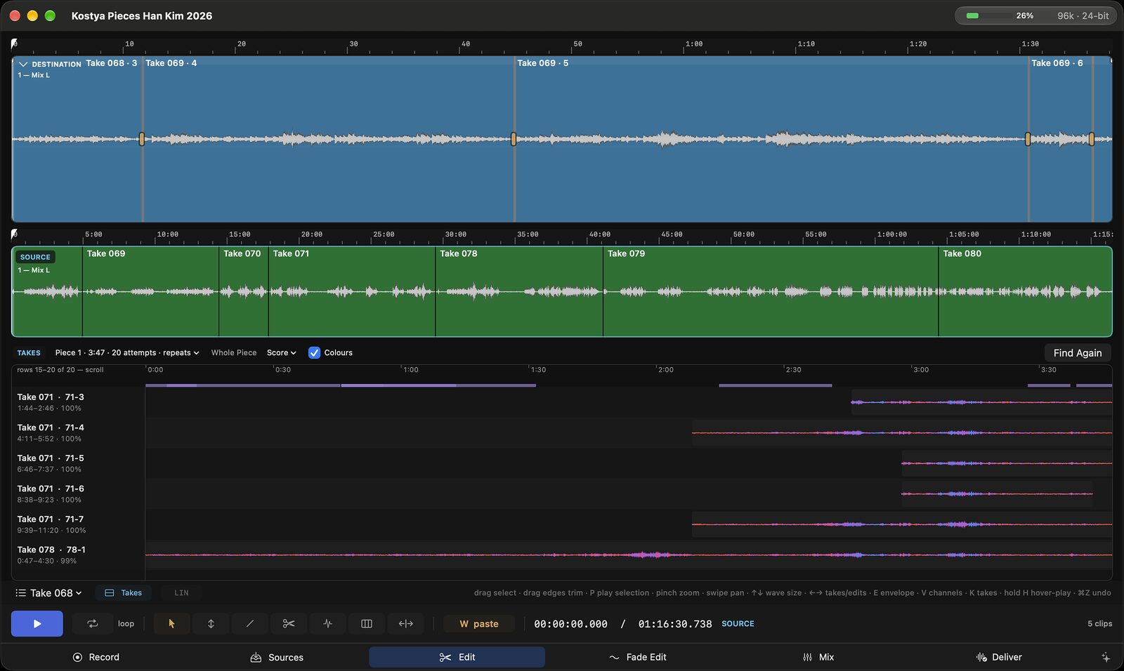 The Concertus Edit page with Takes on: the destination lane above the session source lane, and beneath them the take map, one row per attempt, each labelled like 71-5 with its timecode and a confidence figure